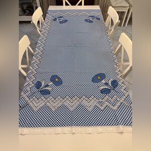 Hand crafted Blue and White Checkered Tablecloth with Floral Design & lace trim